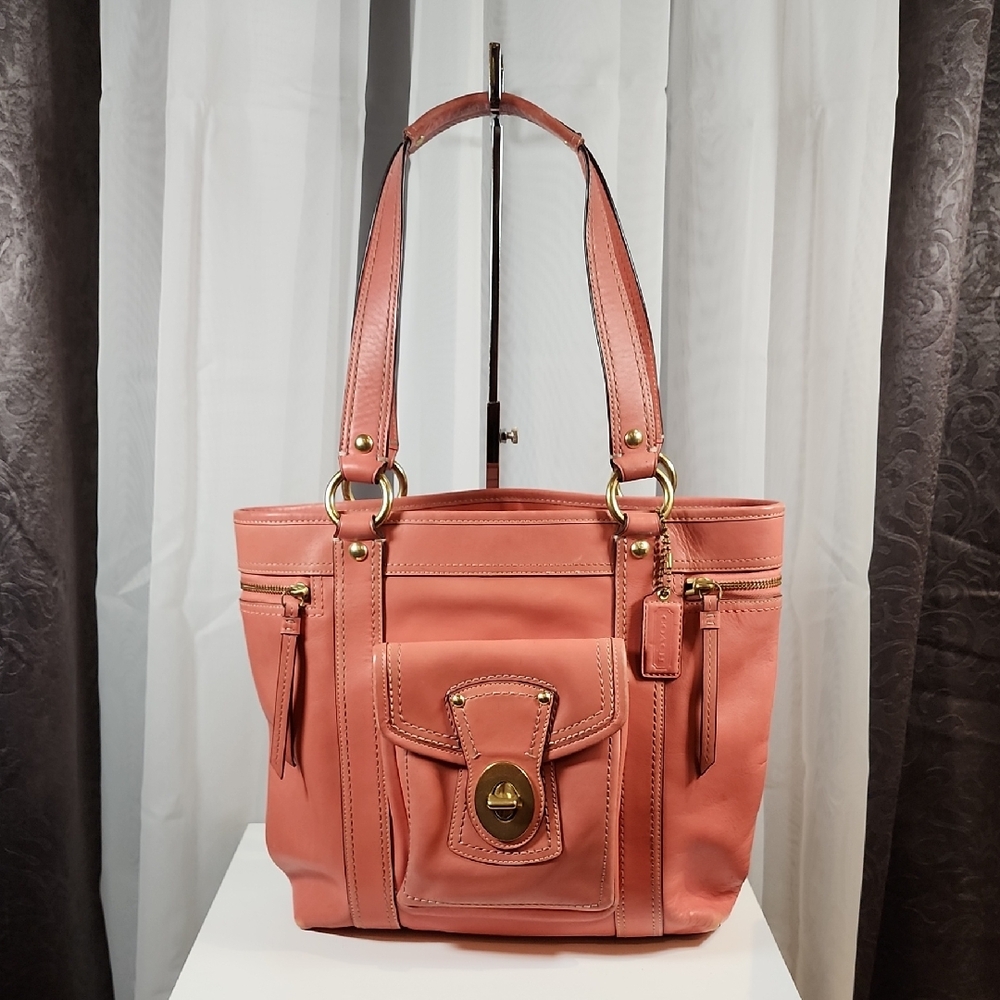 Coach Coral Leather Tote with Gold Accents